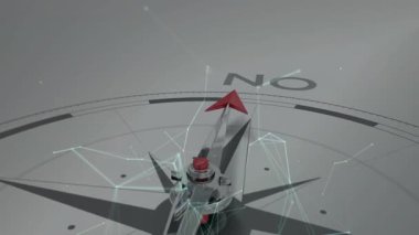 Kırmızı oklu pusula dijital ağ animasyonunun üzerinden kuzeyi gösteriyor. Navigasyon, yön, teknoloji, yönelim, yenilik, keşif