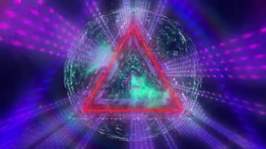 Canlı ışıkları ve dijital ağ bağlantıları olan neon üçgenin animasyonu. Fütürist, teknoloji, siber, soyut, parlak