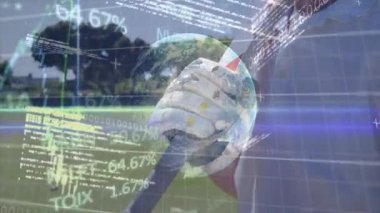 Küresel finansal veriler ve Dünya animasyonuyla kaplanmış miğferi olan kriket oyuncusu. finans, teknoloji, atletizm, yenilik, uluslararası ve ekonomi