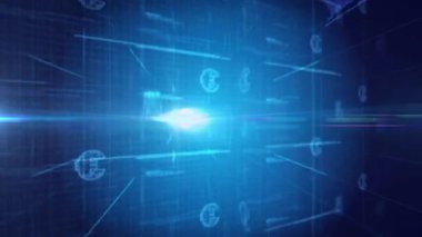 Fütürist mavi teknoloji şebekesinin animasyonu üzerine parlayan dijital para birimi sembolü. Kripto para birimi, engelleme zinciri, fintech, yenilik, sanal, finans