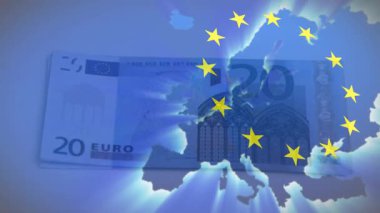 Avrupa Birliği haritasında avro banknotları ve AB bayrak yıldızlarının animasyonu yer alıyor. Para birimi, finans, ekonomi, bankacılık, para, yatırım