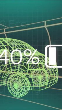 Elektrikli araç arayüzü üzerindeki şarj durum verilerinin animasyonu, 3D minibüs modeli. Ulaşım ve teknoloji, mühendislik tasarımı ve dijital arayüz konsepti dijital olarak oluşturulmuş video.