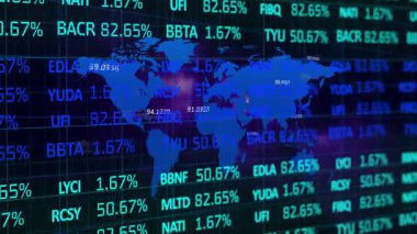 Dijital şebekenin örtülmesi, dünya haritasının borsa verileri ve yüzdelerle canlandırılması. Finans, teknoloji, analitik, küreselleşme, ekonomi, yatırım