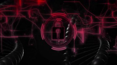 Okul ortamında dijital ağ arka planında parlayan kırmızı asma kilit animasyonu. Siber güvenlik, şifreleme, koruma, teknoloji, güvenlik, eğitim