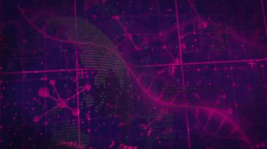 Soyut mor zemin üzerinde dijital verilerin ve matematiksel denklemlerin animasyonu. Teknoloji, matematik, fütüristik, yenilik, analitik