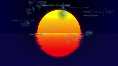 Karanlık arka planda gün batımını kaplayan dijital veri ve grafiklerin animasyonu. Teknoloji, fütüristik, analitik, görselleştirme, bilgi, ağ