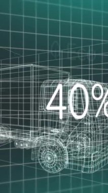 Elektrikli araç arayüzü üzerindeki şarj durum verilerinin animasyonu, 3D kamyon modeli. Ulaşım ve teknoloji, mühendislik tasarımı ve dijital arayüz konsepti dijital olarak oluşturulmuş video.