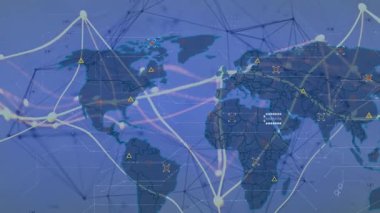 Dijital ağ bağlantıları ve veri işleme animasyonuna sahip dünya haritası. Global, teknoloji, yenilik, bağlantı, siber güvenlik, İnternet