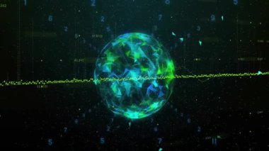 Dijital dünyayı çevreleyen yüzen sayılar ve veriler geometrik desenli animasyonlar. Teknoloji, yenilik, fütüristik, sanal, soyut, ağ