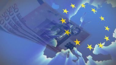 Avrupa Birliği yıldızlarının yer aldığı Euro banknotları animasyonda Avrupa haritasını örtüyor. Para birimi, finans, ekonomi, bankacılık, para birimi, avro bölgesi