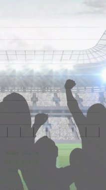 Stadyumdaki taraftarlara tezahürat yapan grafiklerin ve veri işlemenin animasyonu. spor, rekabet, küresel iletişim ve dijital arayüz kavramı, dijital olarak oluşturulmuş video.