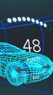 Araç arayüzündeki hız göstergesinin, GPS 'in ve durum verilerinin animasyonu, 3D' den fazla araba modeli. Ulaşım ve teknoloji, mühendislik tasarımı ve dijital arayüz konsepti dijital olarak oluşturulmuş video.