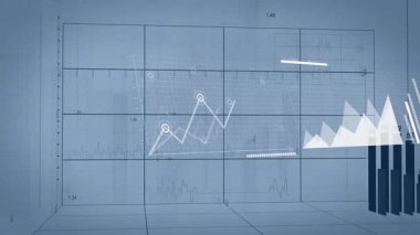 Veri görselleştirmesi için dünya haritası arkaplanındaki çubuk ve çizgi grafiklerinin animasyonu. analitik, küresel, istatistik, mali, grafik, rapor