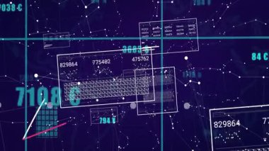 Mavi arka planda sayılarla dijital finansal verilerin ve grafiklerin animasyonu. Finans, yatırım, analitik, ekonomi, istatistik, pazar