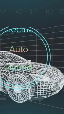 Melez araç arayüzündeki hız göstergesi ve güç durum verilerinin animasyonu, 3D 'den fazla araba modeli. Ulaşım ve teknoloji, mühendislik tasarımı ve dijital arayüz konsepti dijital olarak oluşturulmuş video.