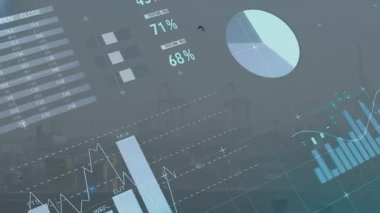Şehir animasyonu üzerinde grafik ve grafiklerle finansal veri analizi gösteriliyor. Analizler, veri görselleştirme, teknoloji, bilgi, iş, ufuk çizgisi