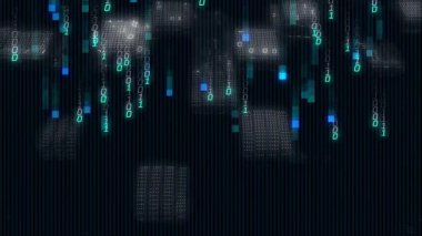 İkili kodlu dijital matrisin animasyonu ve veri işleme için parlayan bloklar. Teknoloji, fütürist