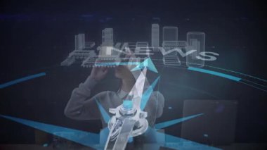 Okulda, VR kulaklığı kullanan kişi animasyon ve teknoloji grafikleriyle örtüşüyor. Sanal, artırılmış gerçeklik, eğitim, öğrenme, yenilik, sürükleyici