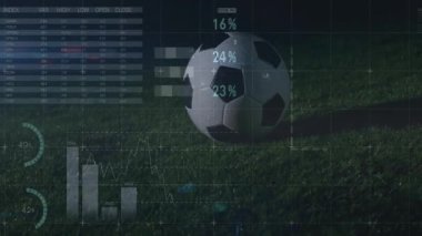 Çimenli alan ve dünya haritasında veri tabanlı futbol topunun animasyonu. veri analizi, istatistik, spor, küresel, bilgi ve teknoloji