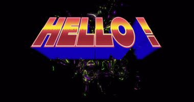 Renkli Hello 'nun animasyonu! Girdap arka planında 3B etkisi olan metin. Tipografi, canlı, tasarım, selamlama, oyuncu, dinamik