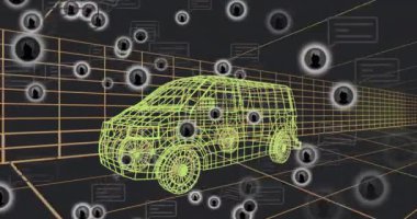 Okulda dijital ağ simgeleriyle çevrili animasyonlu tel çerçeve aracı. Gelecek, teknoloji, yenilik, eğitim, sanal gerçeklik, bağlantı