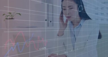 Finansal grafikleri analiz etmek, ofis animasyonunda çalışan kulaklıklı bir iş kadını. Finans, analiz, şirket, teknoloji, iletişim, ekonomi