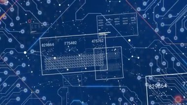 Veri işleme animasyonu ve sayısal örtüleri olan dijital devre kartı. Teknoloji, elektronik, sayılar, fütüristik, yenilik, ağ