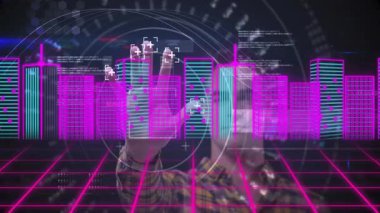 Neon binalar ve dijital arayüz elementleriyle gelecekteki şehir manzarası animasyonu. Siber, teknoloji, kentsel, ufuk çizgisi, sanal, yenilik