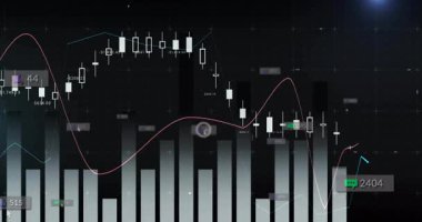 Karanlık arkaplan animasyonundaki grafik ve grafiklerle finansal verileri analiz ediyorum. Finans, veri analizi, iş, istatistik, teknoloji, analitik
