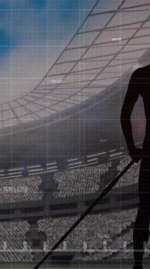 Spor stadyumunda cirit atan kadın sporcu üzerinde grafik ve veri işleme animasyonu. spor, rekabet, küresel iletişim ve dijital arayüz kavramı, dijital olarak oluşturulmuş video.