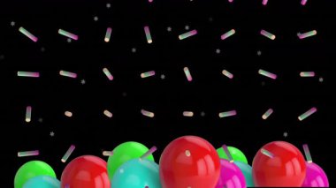 Animasyonda siyah arka planda konfetili renkli balonlar yüzüyor. Parti, kutlama, neşeli, canlı, neşeli, dekorasyon