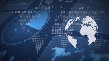 Mavi zemin üzerinde veri noktaları ve ızgara olan dijital dünya haritasının animasyonu. Teknoloji, ağ, küresel, soyut, fütüristik, bağlantı