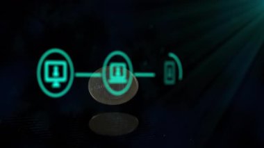 Koyu arkaplanda parlayan çizgileri olan dijital ağ bağlantı simgelerinin animasyonu. Teknoloji, ağ oluşturma, bağlantı, iletişim, internet, arayüz