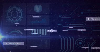 Devre şablonları üzerindeki bildirim ve video simgeleriyle dijital arayüzün animasyonu. Teknoloji, yenilik, fütüristik, bağlantı, iletişim, ağ