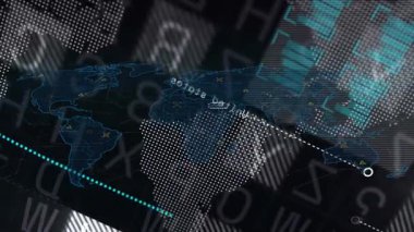 Veri işleme animasyonu ve ağ bağlantılarıyla dijital dünya haritası. Genel, bağlantı, teknoloji, siber, sanal, iletişim