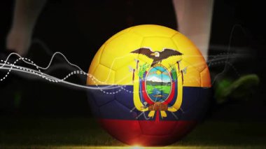 Çimen tarlasında ses dalgası animasyonu olan Ekvador bayrağı futbol topu. spor, teknoloji, hareket, dijital