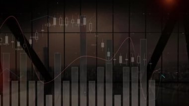 Finansal grafik ve veri analizi animasyonu üzerinde hareket eden futbol topu. İş, finans, spor, analitik, strateji, dinamik