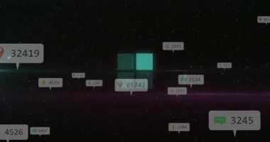 Yıldızlı dijital manzara üzerinde numaralar içeren yüzen bildirim simgeleri. Teknoloji, arayüz, bildirimler, iletişim, bağlantı, siber