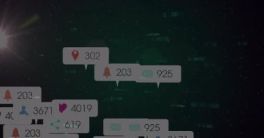 Dijital ikili kod üzerinde yüzen, bildirim simgeleri ve animasyon tarzında numaralar. Teknoloji, veri, siber, iletişim, teknoloji, soyut