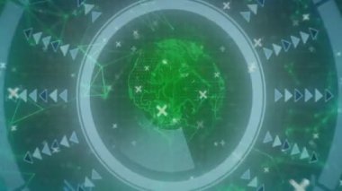 Yeşil ağ bağlantıları ve geometrik desenleri olan dijital dünyanın animasyonu. Teknoloji, bağlantı, yenilik, iletişim, fütüristik, veri
