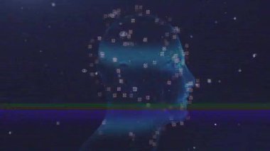 Veri noktaları ve ikili kodlama animasyonlarıyla çevrili dijital insan silueti. Teknoloji, fütüristik, matris, yenilik, ağ