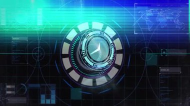 Dönen dairesel elementlerin animasyonu ve dijital arayüzdeki dünya haritası grafikleri. Soyut, geleceksel, yenilik, teknoloji, küresel, siber