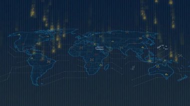 Dijital veri ve kıtaları kaplayan para birimi sembolleriyle dünya haritasının animasyonu. Küresel, finans, teknoloji, ekonomi, uluslararası, ağ