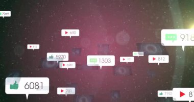 Animasyondaki yıldızlı arka plan üzerinde yüzen sosyal medya nişan simgeleri. ağ, etkileşim, iletişim, çevrimiçi, dijital, etkileşim