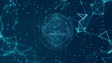 Okuldaki dünya haritasının üzerinde parmak iziyle birlikte gelecekteki dijital arayüzün animasyonu. Teknoloji, yenilik, biyometrik, güvenlik, küresel, eğitim