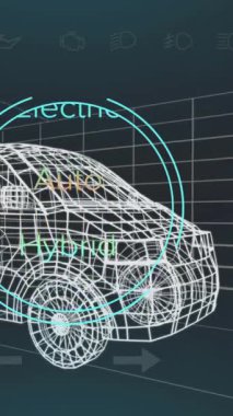 Melez minibüs arayüzü üzerindeki hız göstergesi, GPS ve durum verilerinin animasyonu, 3d 'den fazla van modeli. Ulaşım ve teknoloji, mühendislik tasarımı ve dijital arayüz konsepti dijital olarak oluşturulmuş video.
