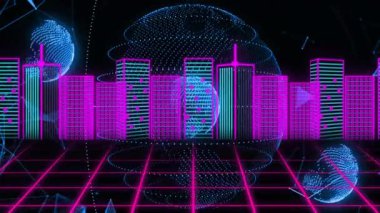 Neon şehir manzaralı, ızgaralı ve dijital küresi olan gelecekçi teknolojinin animasyonu. siber punk, sanal, yenilik, ortam, bilim kurgu