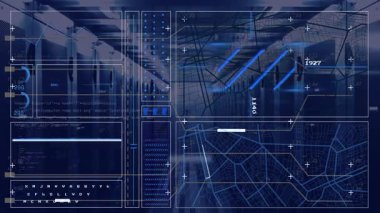 Mavi zemin üzerindeki dijital arayüzdeki karmaşık veri ve grafiklerin animasyonu. Veri analizi, görselleştirme, istatistik, teknoloji, fütürist, analitik