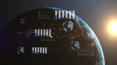 Uzay görüşünde kıtaları kaplayan veri haritalarıyla Dünya 'nın animasyonu. Küresel, analitik, veri görselleştirme, coğrafya, evren, teknoloji