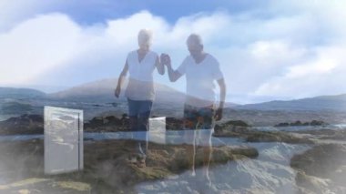 Kayalık sahilde kapı çerçeveleriyle yürüyen yaşlı çift animasyonu örtüyor. Yaşlılar, deniz kenarı, doğa, sahil, kapı araları.